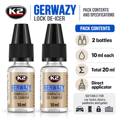 2 x K2 Gerwazy Lock De-Icer 10ml for Cars, Doors, Padlocks and Gates for Letterboxes, Parking Locks and Hinges, Works to -60C