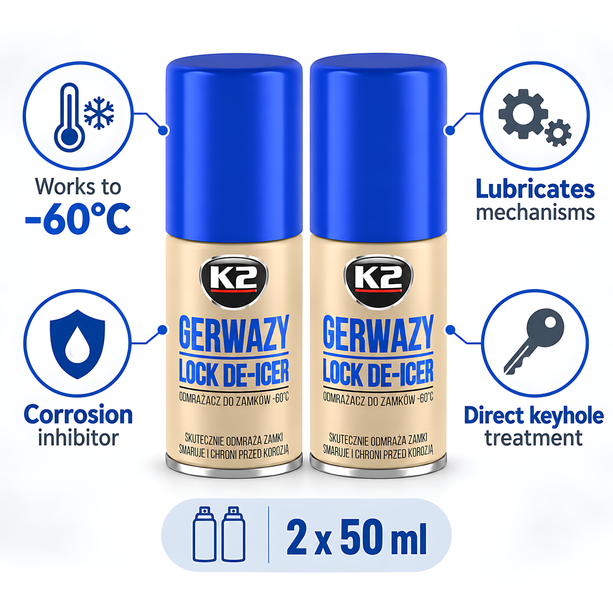 2 x K2 Gerwazy Lock De-Icer 50ml for Cars, Doors, Padlocks and Gates for Letterboxes, Parking Locks and Hinges, Works to -60C