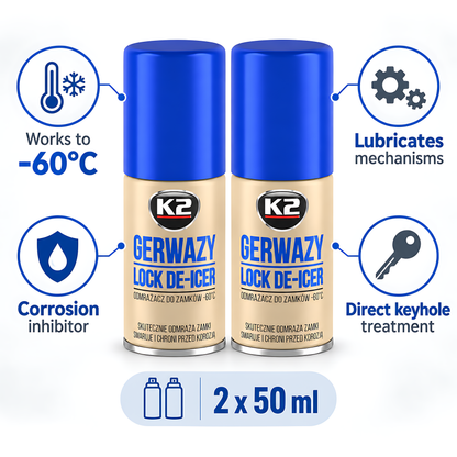 2 x K2 Gerwazy Lock De-Icer 50ml for Cars, Doors, Padlocks and Gates for Letterboxes, Parking Locks and Hinges, Works to -60C