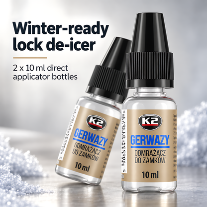 2 x K2 Gerwazy Lock De-Icer 10ml for Cars, Doors, Padlocks and Gates for Letterboxes, Parking Locks and Hinges, Works to -60C