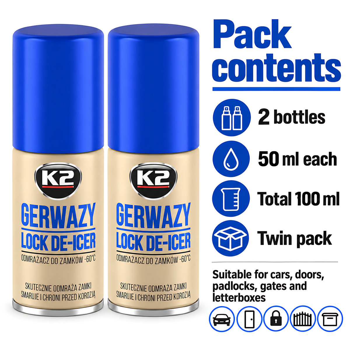 2 x K2 Gerwazy Lock De-Icer 50ml for Cars, Doors, Padlocks and Gates for Letterboxes, Parking Locks and Hinges, Works to -60C