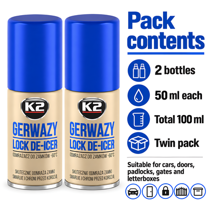 2 x K2 Gerwazy Lock De-Icer 50ml for Cars, Doors, Padlocks and Gates for Letterboxes, Parking Locks and Hinges, Works to -60C