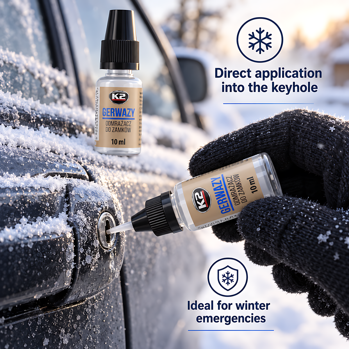 2 x K2 Gerwazy Lock De-Icer 10ml for Cars, Doors, Padlocks and Gates for Letterboxes, Parking Locks and Hinges, Works to -60C
