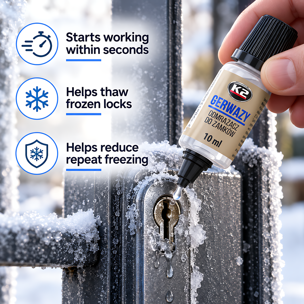 2 x K2 Gerwazy Lock De-Icer 10ml for Cars, Doors, Padlocks and Gates for Letterboxes, Parking Locks and Hinges, Works to -60C