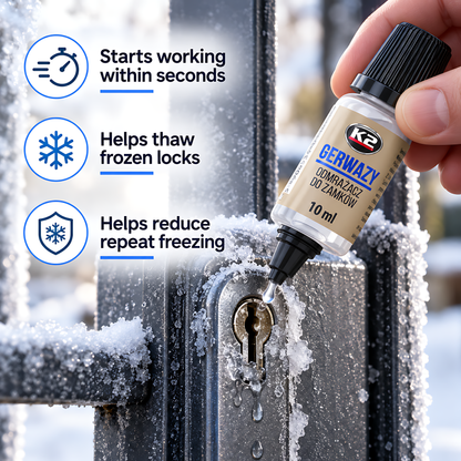 2 x K2 Gerwazy Lock De-Icer 10ml for Cars, Doors, Padlocks and Gates for Letterboxes, Parking Locks and Hinges, Works to -60C