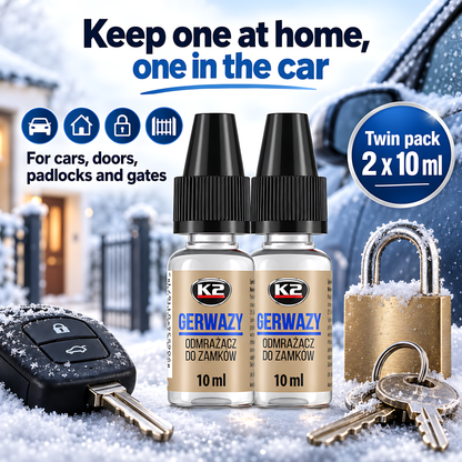 2 x K2 Gerwazy Lock De-Icer 10ml for Cars, Doors, Padlocks and Gates for Letterboxes, Parking Locks and Hinges, Works to -60C