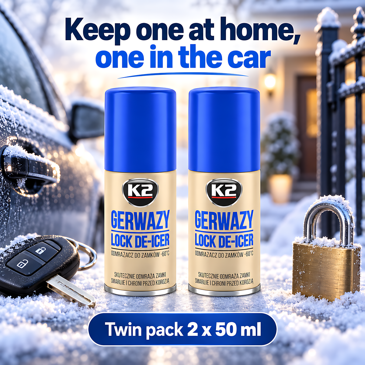 2 x K2 Gerwazy Lock De-Icer 50ml for Cars, Doors, Padlocks and Gates for Letterboxes, Parking Locks and Hinges, Works to -60C