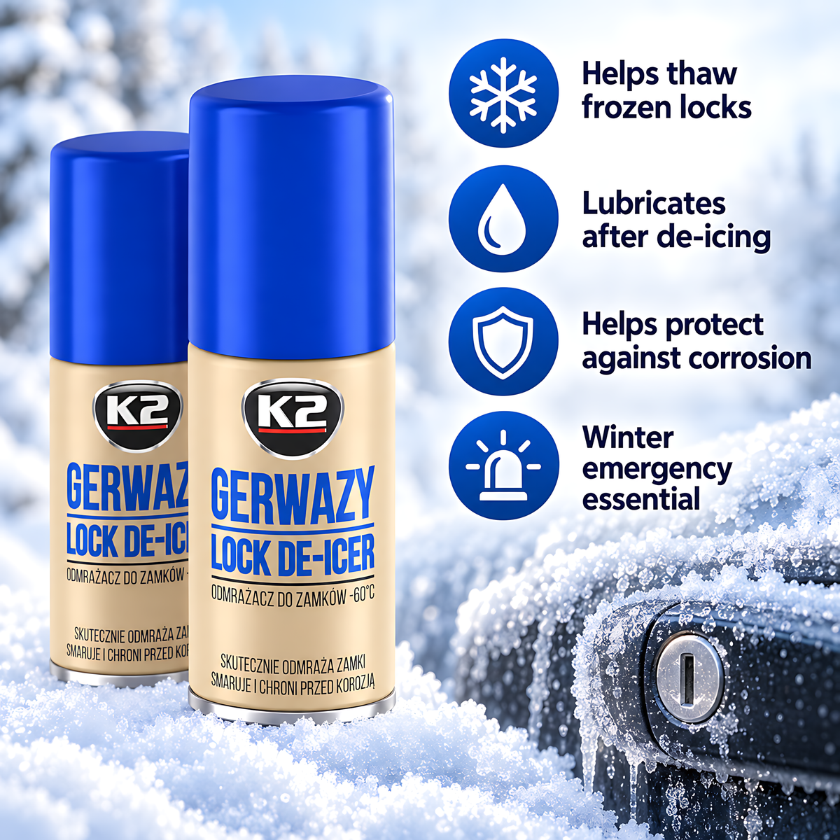 2 x K2 Gerwazy Lock De-Icer 50ml for Cars, Doors, Padlocks and Gates for Letterboxes, Parking Locks and Hinges, Works to -60C