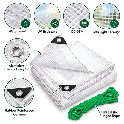 6m x 8m Clear Leno Tarpaulin 100 GSM with 10m Green Elastic Bungee Rope for Greenhouses, Furniture, Timber and Storage
