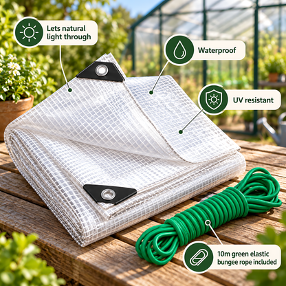 3m x 3m Clear Leno Tarpaulin 100 GSM with 10m Green Elastic Bungee Rope for Greenhouses, Furniture, Timber and Storage