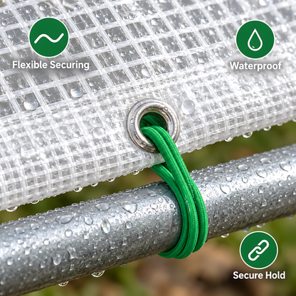 4m x 4m Clear Leno Tarpaulin 100 GSM with 10m Green Elastic Bungee Rope for Greenhouses, Furniture, Timber and Storage