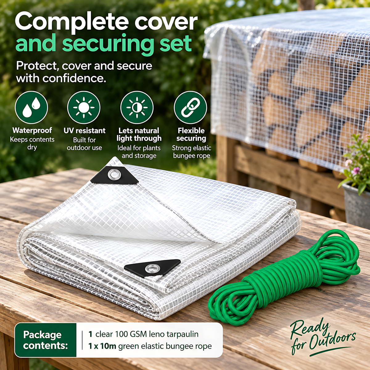 3m x 3m Clear Leno Tarpaulin 100 GSM with 10m Green Elastic Bungee Rope for Greenhouses, Furniture, Timber and Storage