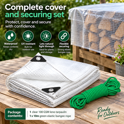 5m x 8m Clear Leno Tarpaulin 100 GSM with 10m Green Elastic Bungee Rope for Greenhouses, Furniture, Timber and Storage