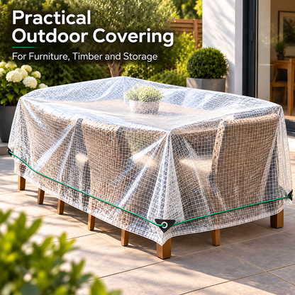 4m x 4m Clear Leno Tarpaulin 100 GSM with 10m Green Elastic Bungee Rope for Greenhouses, Furniture, Timber and Storage