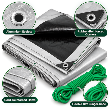 Heavy-Duty Tarpaulin 6m x 6m 260 GSM Silver Black with 10m Bungee Rope for Furniture, Timber, Outdoor Storage, Waterproof