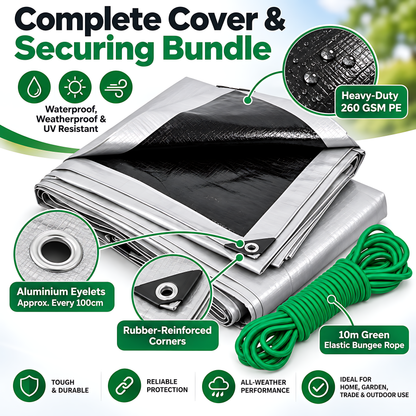 Heavy-Duty Tarpaulin 2m x 2m 260 GSM Silver Black with 10m Bungee Rope for Furniture, Timber, Outdoor Storage, Waterproof