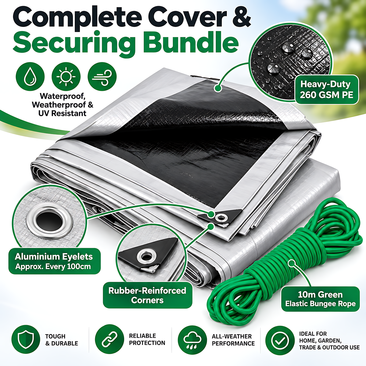 Heavy-Duty Tarpaulin 4m x 4m 260 GSM Silver Black with 10m Bungee Rope for Furniture, Timber, Outdoor Storage, Waterproof