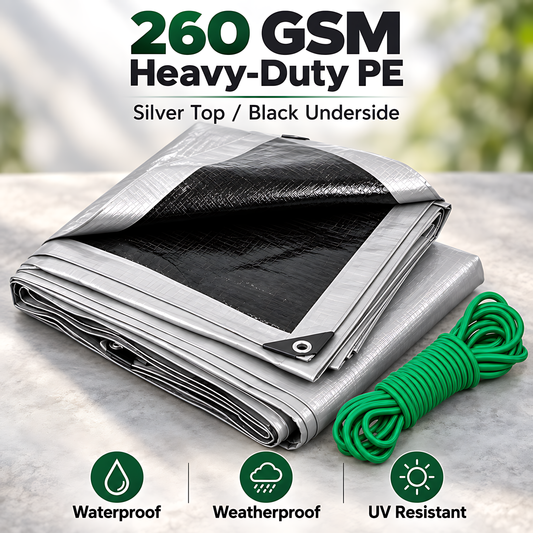 Heavy-Duty Tarpaulin 4m x 6m 260 GSM Silver Black with 10m Bungee Rope for Furniture, Timber, Outdoor Storage, Waterproof