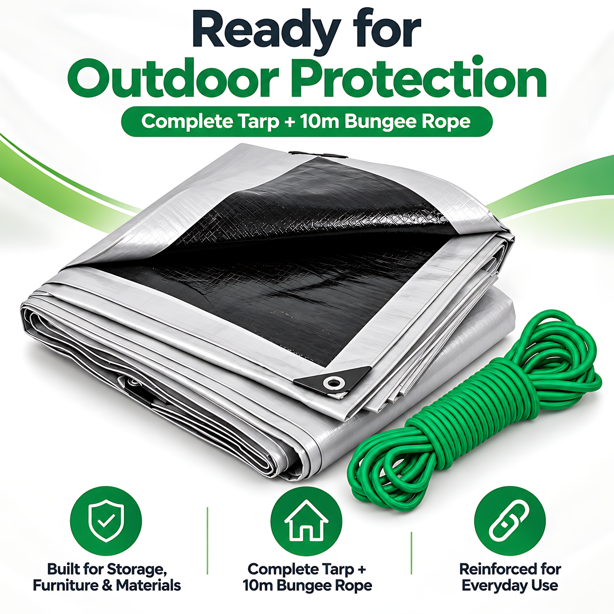 Heavy-Duty Tarpaulin 1.5m x 2m 260 GSM Silver Black with 10m Bungee Rope for Furniture, Timber, Outdoor Storage, Waterproof