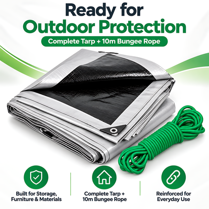 Heavy-Duty Tarpaulin 10m x 10m 260 GSM Silver Black with 10m Bungee Rope for Furniture, Timber, Outdoor Storage, Waterproof