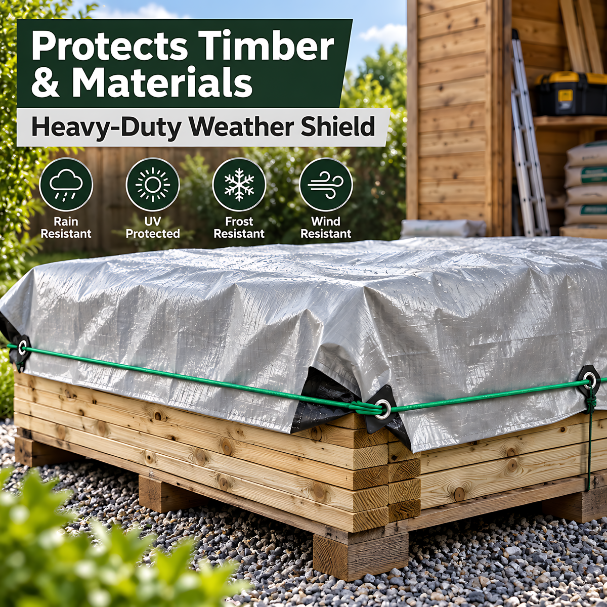 Heavy-Duty Tarpaulin 1.5m x 2m 260 GSM Silver Black with 10m Bungee Rope for Furniture, Timber, Outdoor Storage, Waterproof