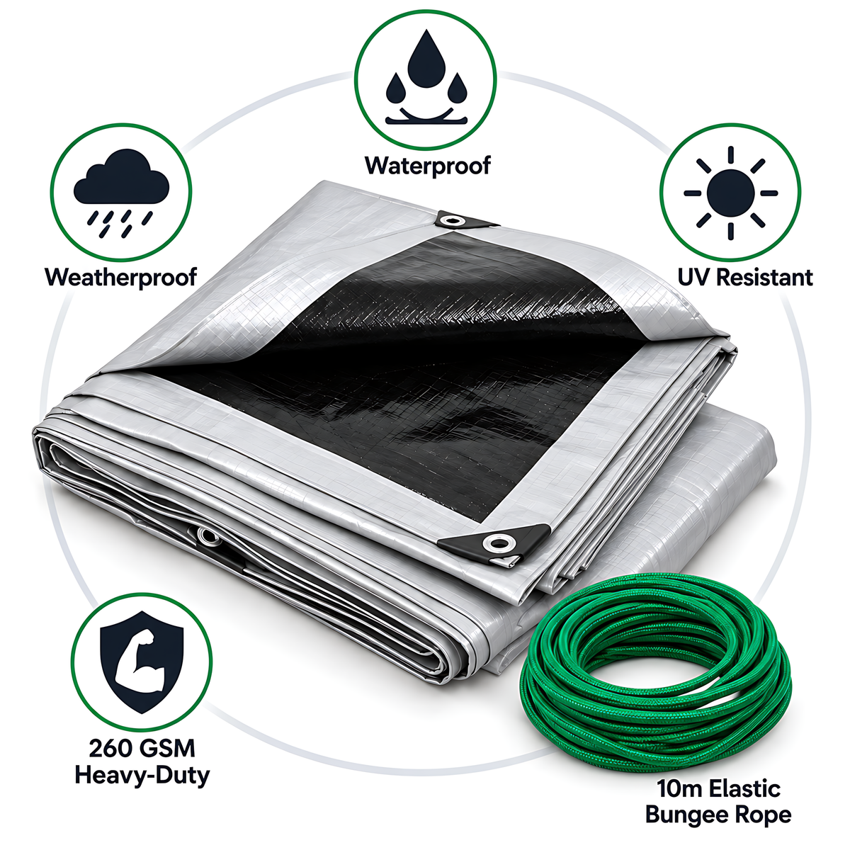 Heavy-Duty Tarpaulin 1.5m x 2m 260 GSM Silver Black with 10m Bungee Rope for Furniture, Timber, Outdoor Storage, Waterproof