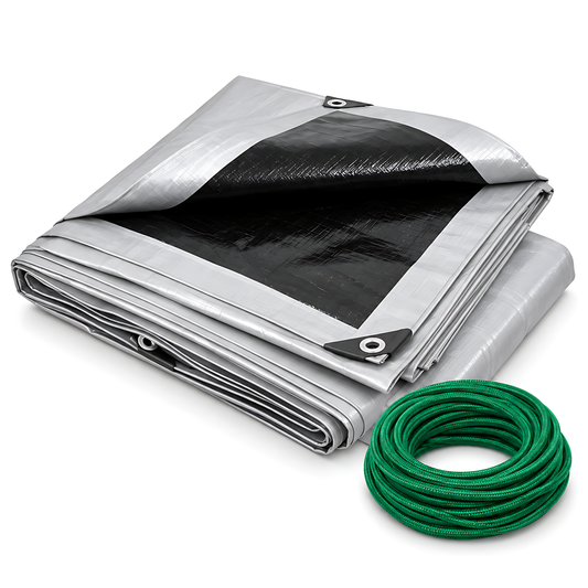 Heavy-Duty Tarpaulin 1.5m x 2m 260 GSM Silver Black with 10m Bungee Rope for Furniture, Timber, Outdoor Storage, Waterproof