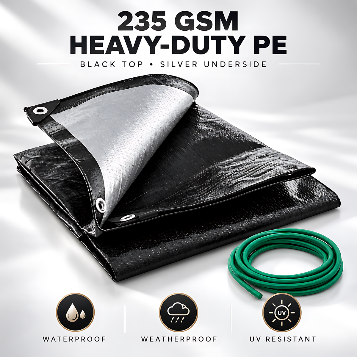 Heavy-Duty Tarpaulin 1.5m x 2m 235GSM Black Silver with 10m Bungee Rope for Furniture, Timber, Building Materials, Outdoor Storage