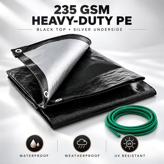 Heavy-Duty Tarpaulin 6m x 8m 235 GSM Black Silver with 10m Bungee Rope for Furniture, Timber, Building Materials, Outdoor Storage