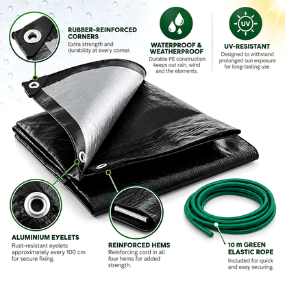 Heavy-Duty Tarpaulin 10m x 12m 235GSM Black Silver with 10m Bungee Rope for Furniture, Timber, Building Materials, Outdoor Storage