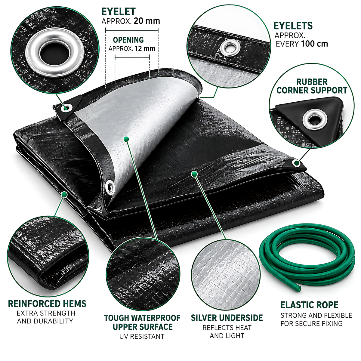 Heavy-Duty Tarpaulin 10m x 12m 235GSM Black Silver with 10m Bungee Rope for Furniture, Timber, Building Materials, Outdoor Storage