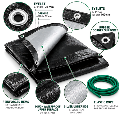 Heavy-Duty Tarpaulin 10m x 12m 235GSM Black Silver with 10m Bungee Rope for Furniture, Timber, Building Materials, Outdoor Storage