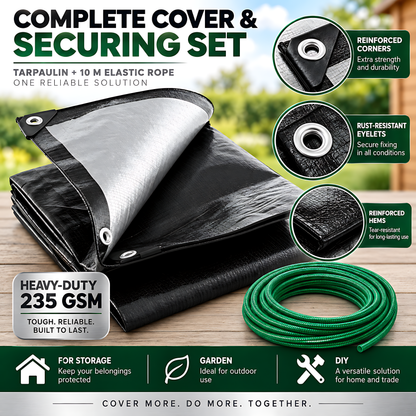 Heavy-Duty Tarpaulin 10m x 12m 235GSM Black Silver with 10m Bungee Rope for Furniture, Timber, Building Materials, Outdoor Storage