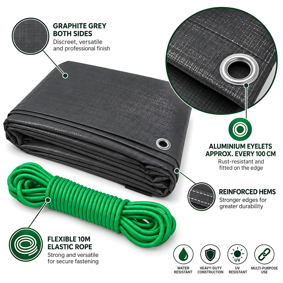 Heavy-Duty Tarpaulin 3m x 3m 200 GSM Graphite Grey with 10m Bungee Rope for Furniture, Timber, Outdoor Storage, Waterproof