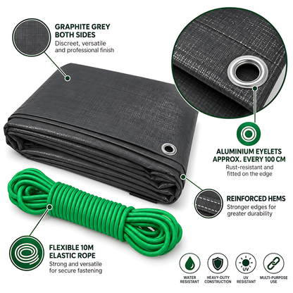 Heavy-Duty Tarpaulin 3m x 3m 200 GSM Graphite Grey with 10m Bungee Rope for Furniture, Timber, Outdoor Storage, Waterproof