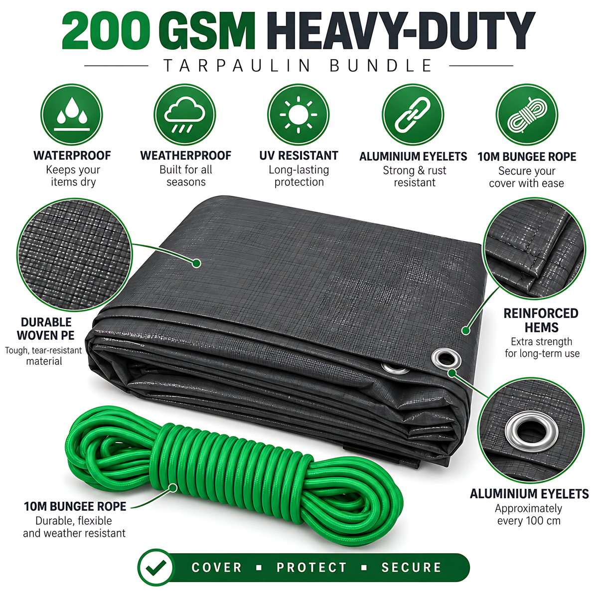 Heavy-Duty Tarpaulin 3m x 3m 200 GSM Graphite Grey with 10m Bungee Rope for Furniture, Timber, Outdoor Storage, Waterproof