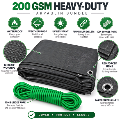 Heavy-Duty Tarpaulin 3m x 3m 200 GSM Graphite Grey with 10m Bungee Rope for Furniture, Timber, Outdoor Storage, Waterproof