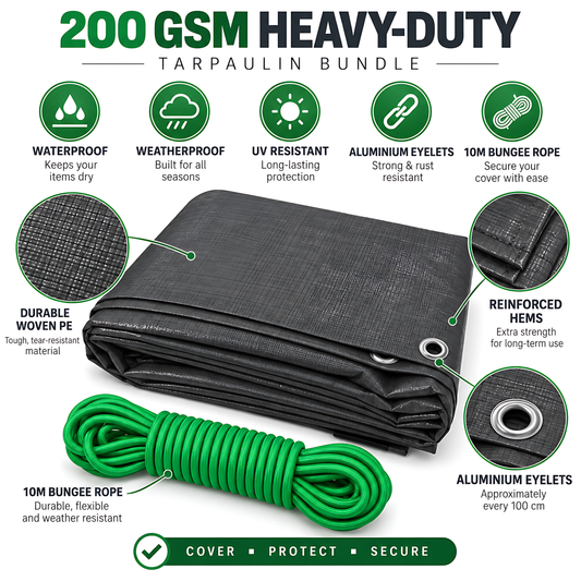Heavy-Duty Tarpaulin 2m x 2m 200 GSM Graphite Grey with 10m Bungee Rope for Furniture, Timber, Outdoor Storage, Waterproof