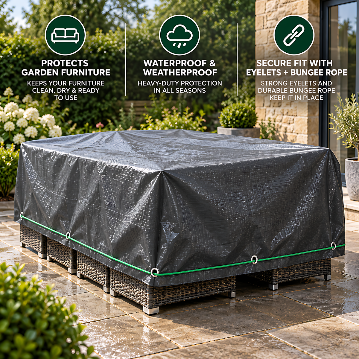 Heavy-Duty Tarpaulin 5m x 8m 200 GSM Graphite Grey with 10m Bungee Rope for Furniture, Timber, Outdoor Storage, Waterproof