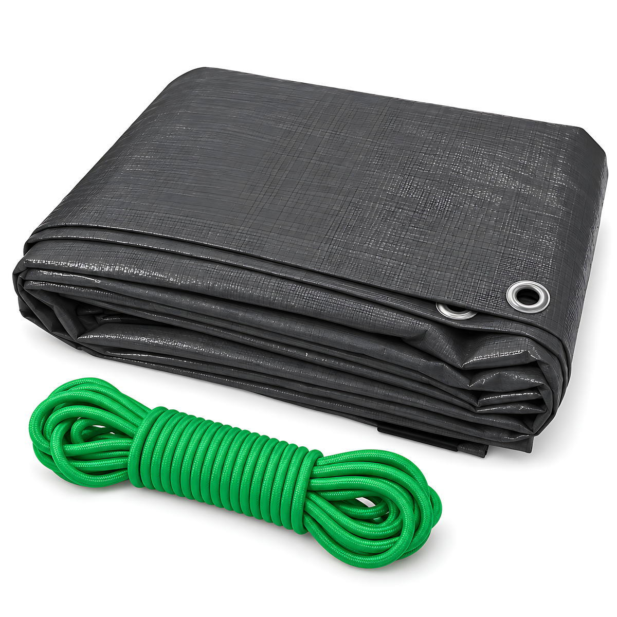 Heavy-Duty Tarpaulin 3m x 3m 200 GSM Graphite Grey with 10m Bungee Ropefor Furniture, Timber, Outdoor Storage, Waterproof