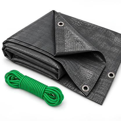 Heavy-Duty Tarpaulin 4m x 4m 200 GSM Graphite Grey with 10m Bungee Rope for Furniture, Timber, Outdoor Storage, Waterproof