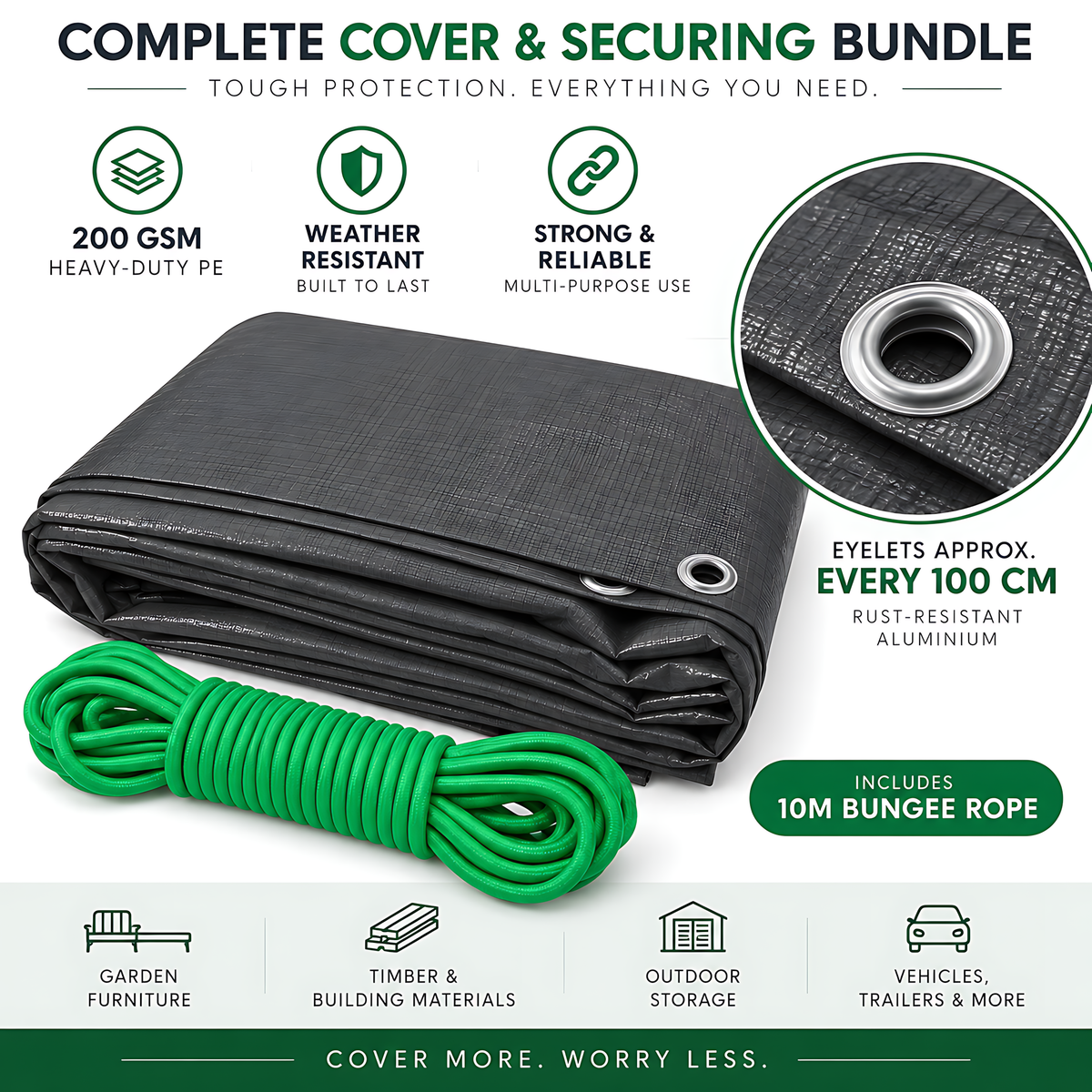 Heavy-Duty Tarpaulin 6m x 10m 200 GSM Graphite Grey with 10m Bungee Rope for Furniture, Timber, Outdoor Storage, Waterproof