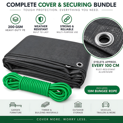 Heavy-Duty Tarpaulin 6m x 10m 200 GSM Graphite Grey with 10m Bungee Rope for Furniture, Timber, Outdoor Storage, Waterproof