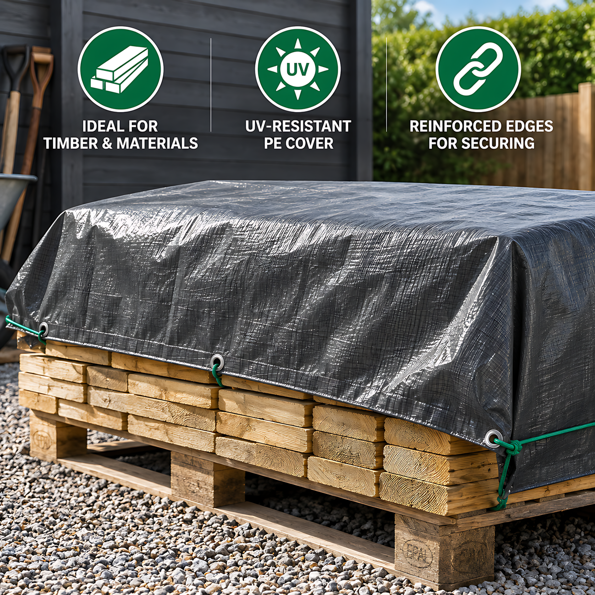 Heavy-Duty Tarpaulin 2m x 2m 200 GSM Graphite Grey with 10m Bungee Rope for Furniture, Timber, Outdoor Storage, Waterproof