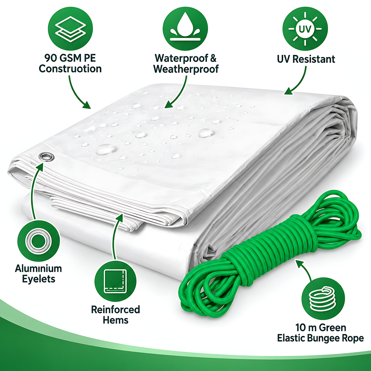 White Tarpaulin 6m x 8m 90 GSM Waterproof with 10m Elastic Bungee Rope for Furniture, Timber, Outdoor Storage, Waterproof