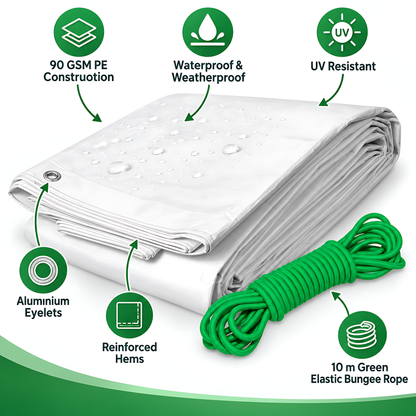 White Tarpaulin 6m x 8m 90 GSM Waterproof with 10m Elastic Bungee Rope for Furniture, Timber, Outdoor Storage, Waterproof