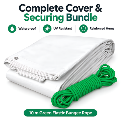 White Tarpaulin 3m x 3m 90 GSM Waterproof with 10m Elastic Bungee Rope for Furniture, Timber, Outdoor Storage, Waterproof