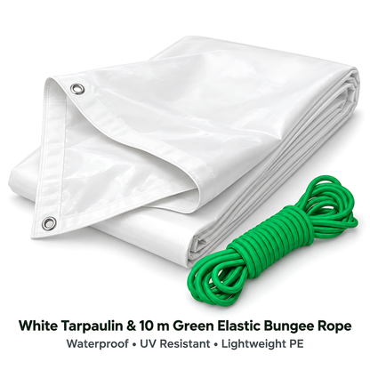White Tarpaulin 4m x 4m 90 GSM Waterproof with 10m Elastic Bungee Rope for Furniture, Timber, Outdoor Storage, Waterproof