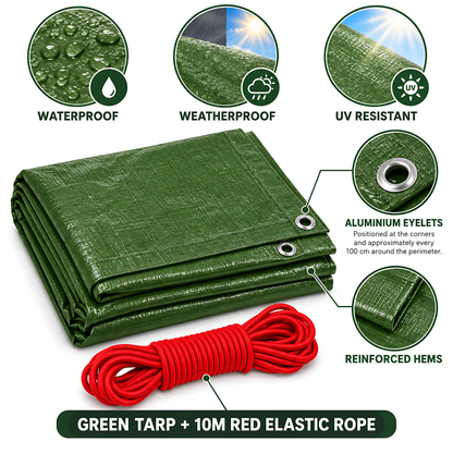 Green Tarpaulin 4m x 5m 90 GSM Waterproof PE with 10m Red Elastic Bungee Rope, UV Resistant, Aluminium Eyelets Every 1m