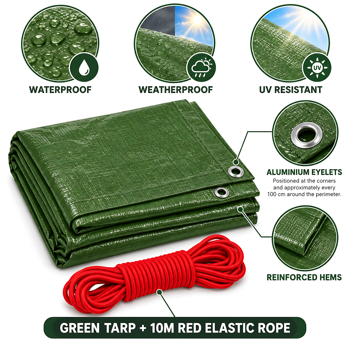 Green Tarpaulin 5m x 5m 90 GSM Waterproof PE with 10m Red Elastic Bungee Rope, UV Resistant, Aluminium Eyelets Every 1m